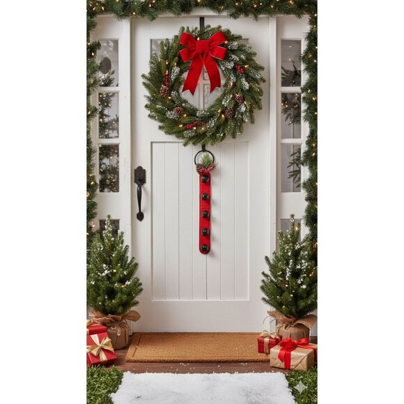 Red Leather Door Hanger With Black Jingle Bells & Holiday Decorations - Picture 2 of 6